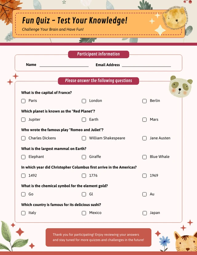Colorful Red and Orange Quiz Form Template