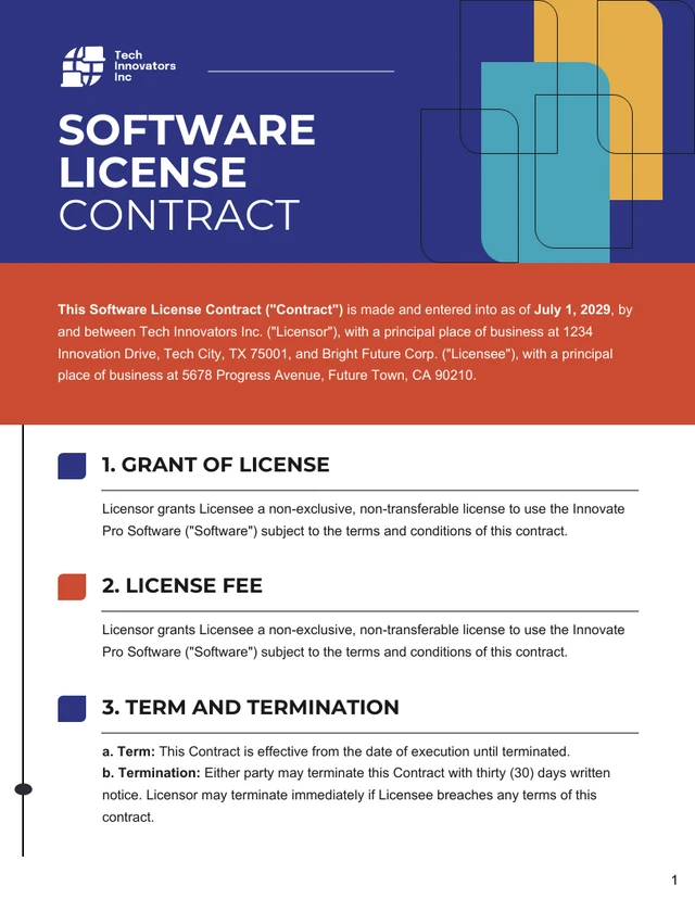 Software License Contract Template - Page 1