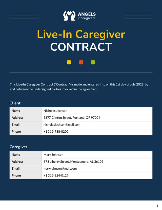 Live-In Caregiver Contract Template - Page 1