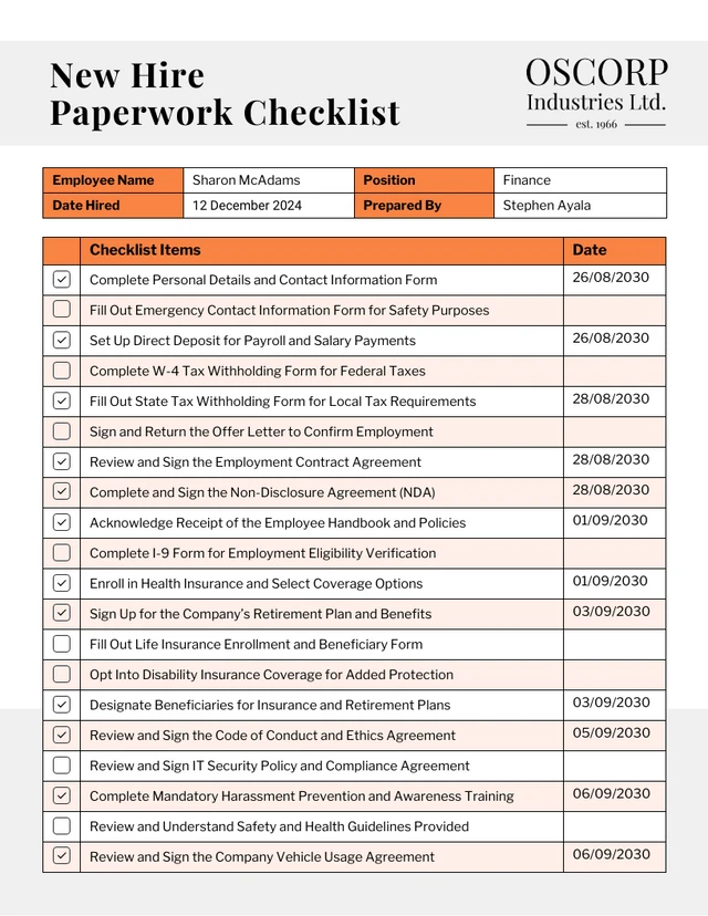 Modello di checklist per la documentazione dei nuovi assunti