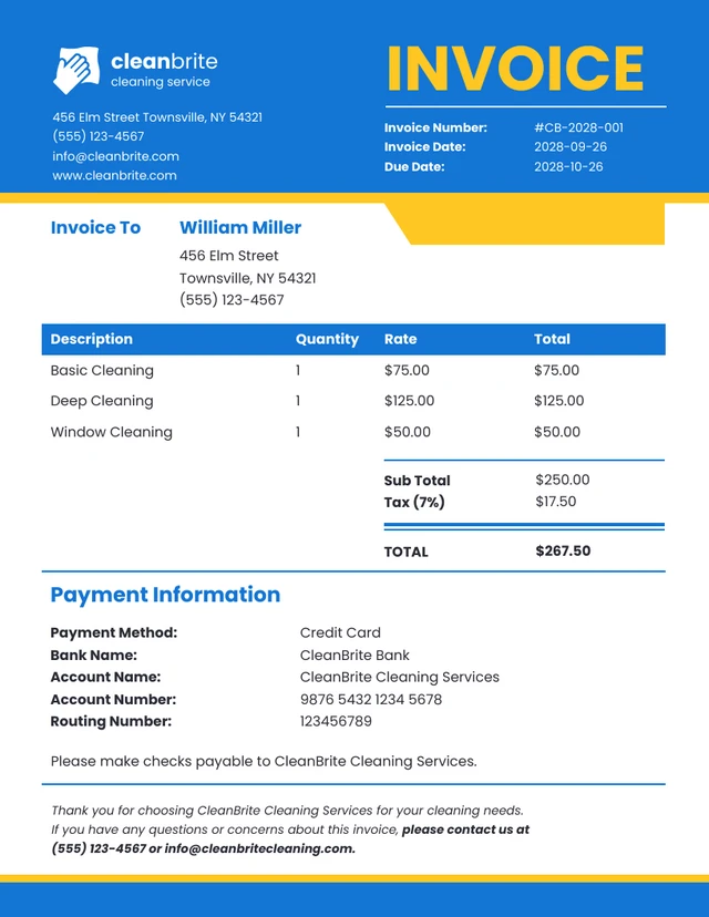 Simple Blue and Yellow Cleaning Invoice Template