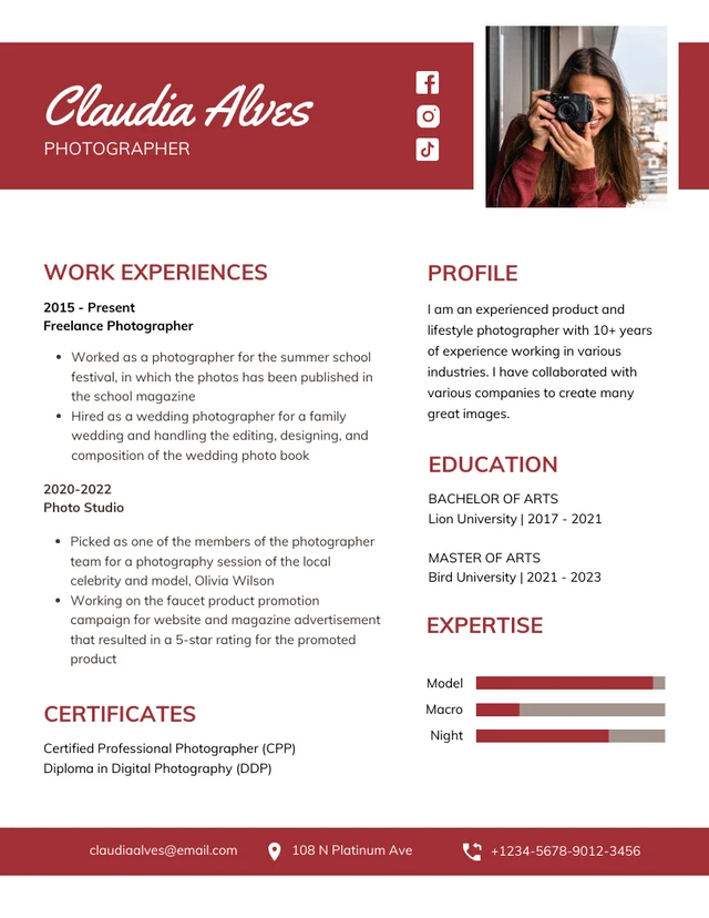 Red And White Bold Professional Photographer Resume Template