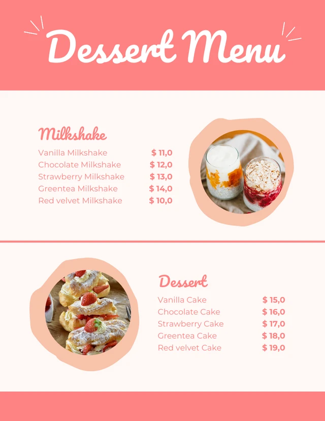 Modèle de menu de dessert ludique mignon rose clair