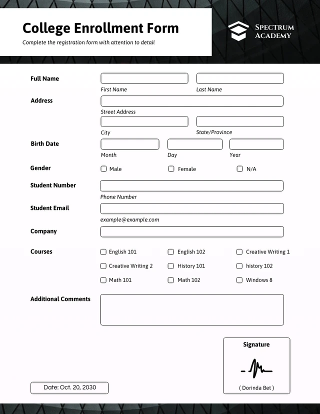 Simple Black and White Enrollment Forms Template