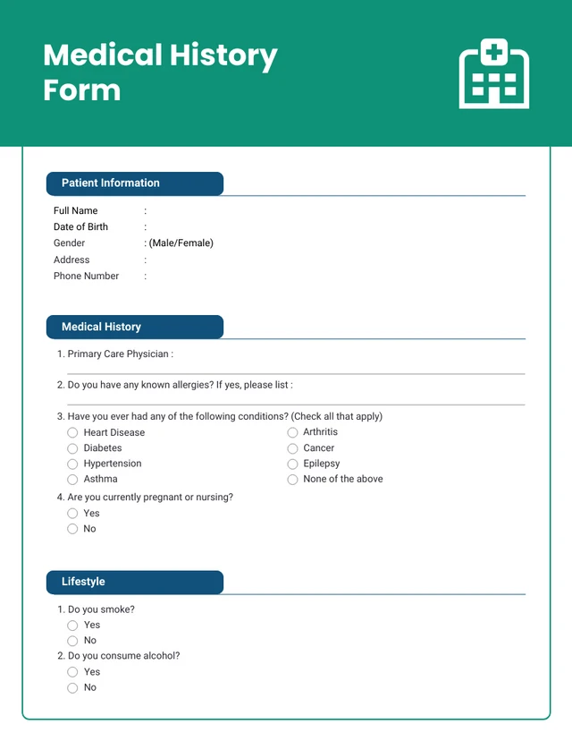Green And Blue Minimalist Medical Form  Template