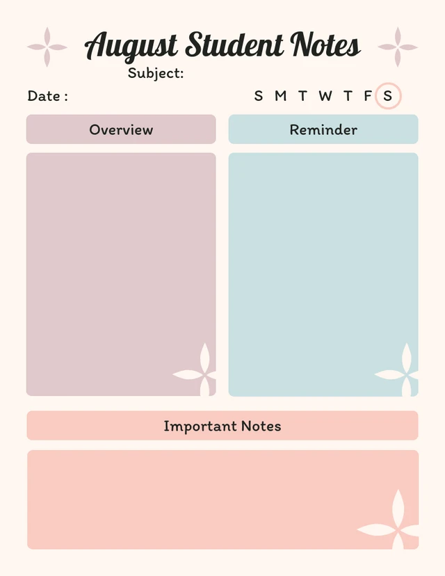Cream Pastel Color August Student Notes Schedule Template