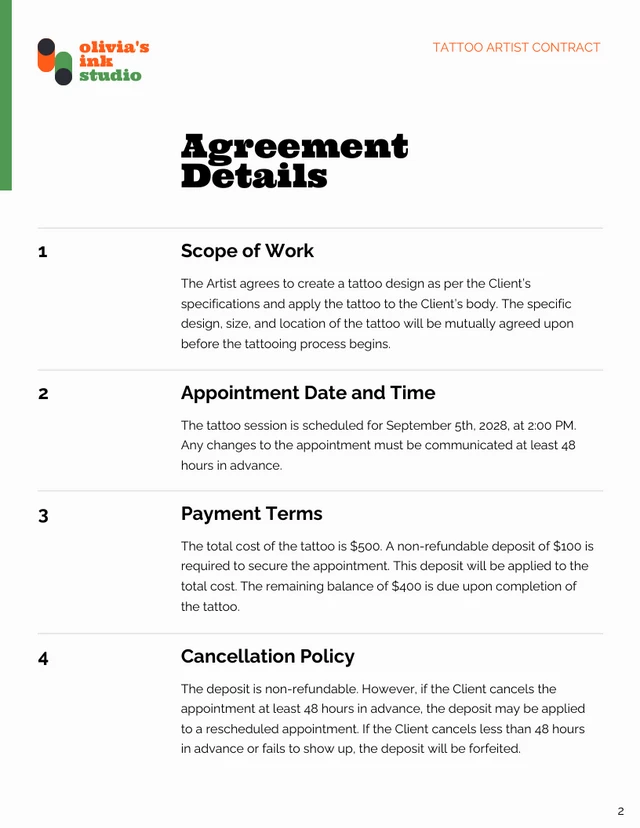 Tattoo Artist Contract Template - page 2