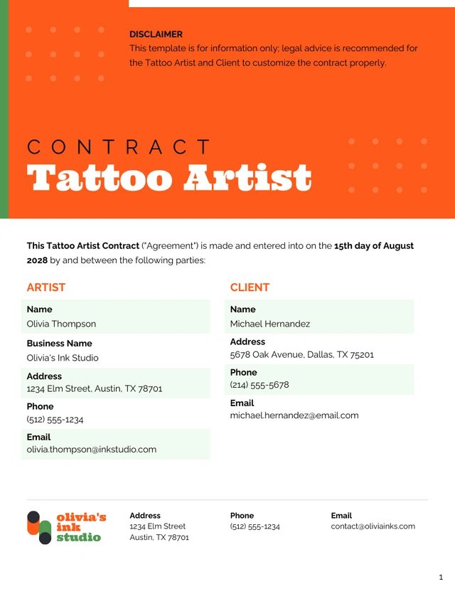 Tattoo Artist Contract Template - Pagina 1