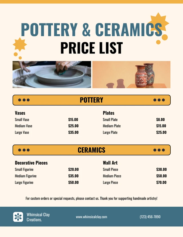 Pottery and Ceramics Price List Template