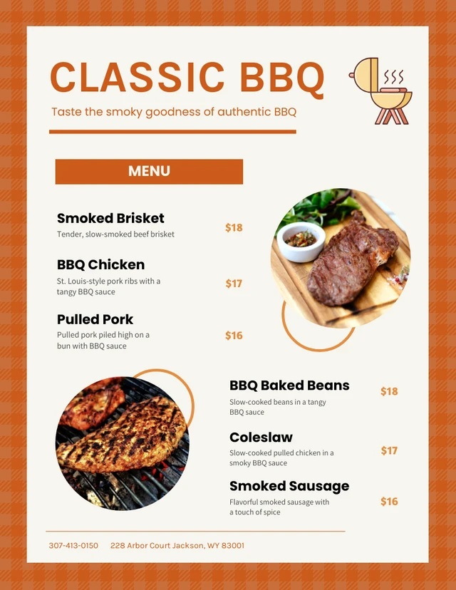 Modèle de menu de nourriture barbecue classique simple orange