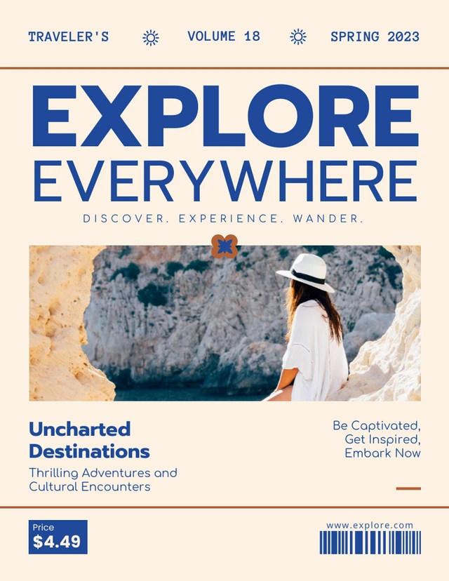 Modèle de couverture de magazine de voyage minimaliste marron et bleu