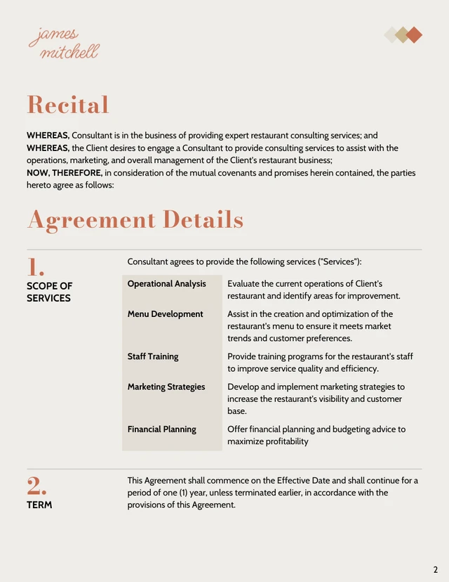 Restaurant Consulting Contract Template - page 2