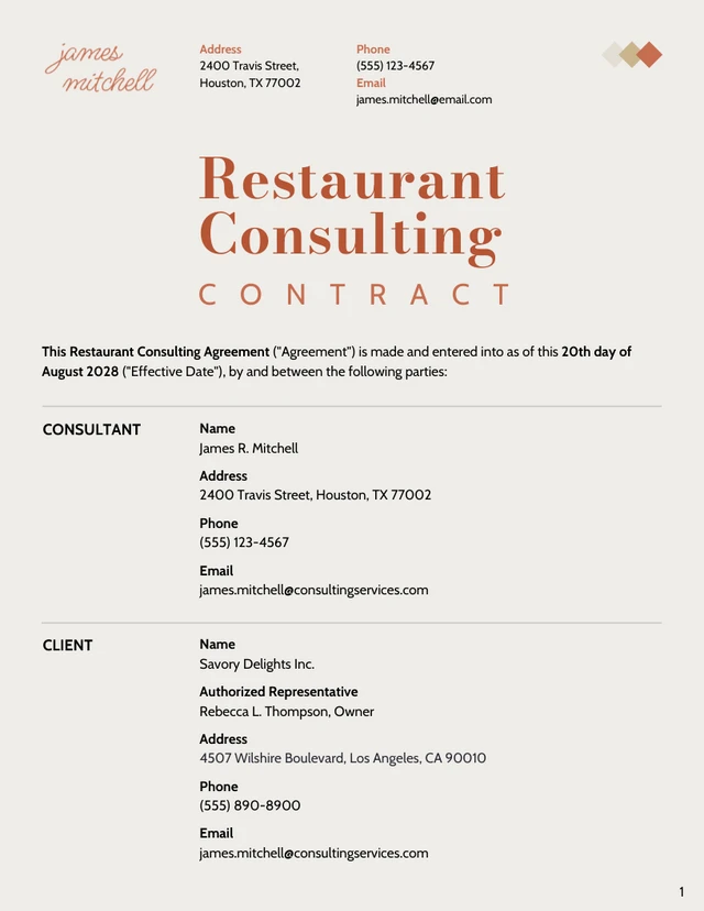 Restaurant Consulting Contract Template - Página 1