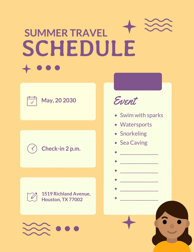 Yellow And Purple Simple Illustration Summer Travel Schedule Template