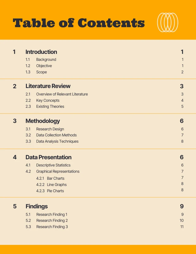 Modèle de table des matières de rapport jaune simple