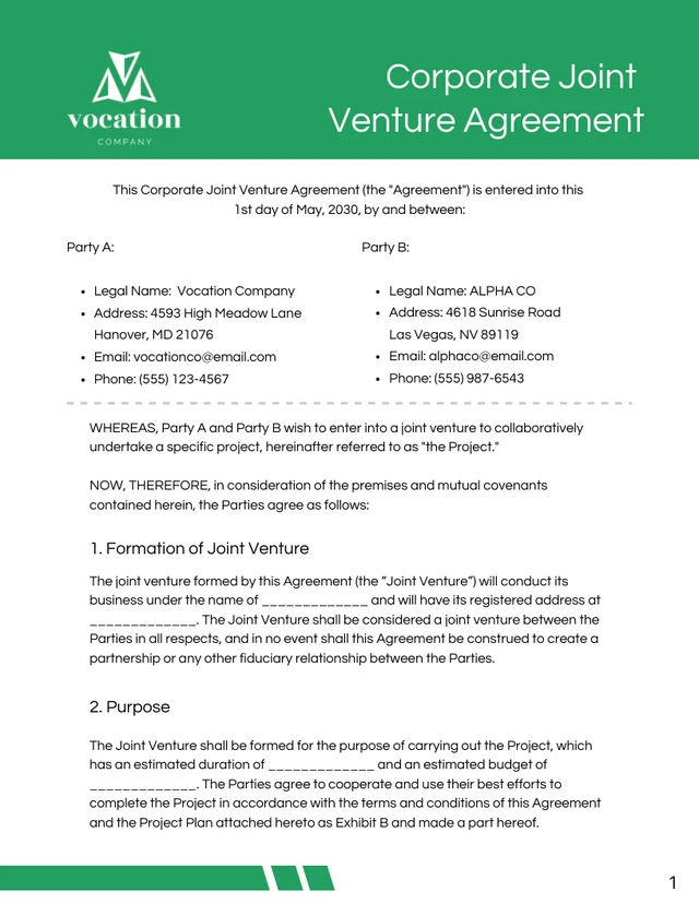 Green and White Corporate Joint Venture Agreement - Page 1