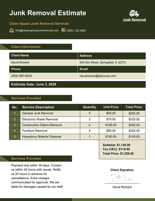 Plantilla de estimación de eliminación de basura