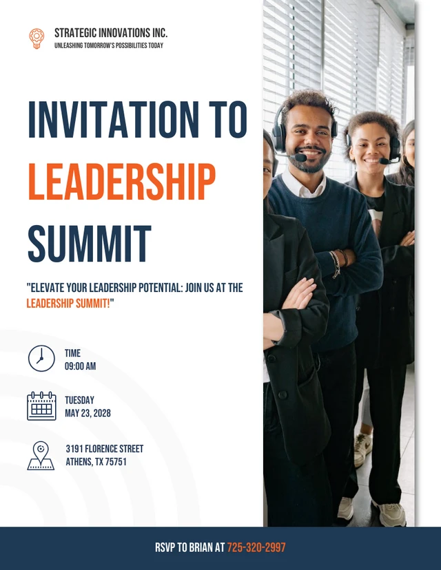 White And Orange Clean Minimalist Leadership Summit Company Event Invitation Template