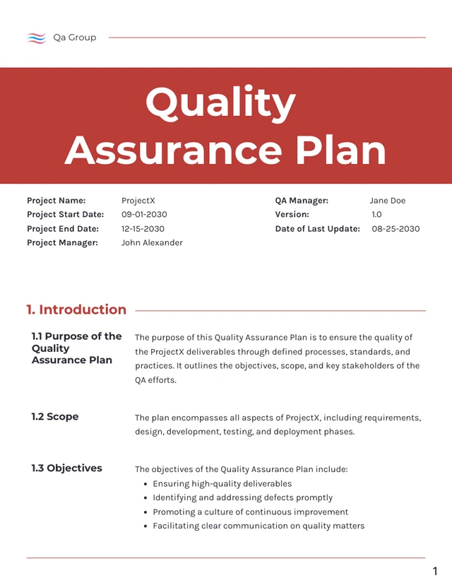 Minimalist Clean White and Red Quality Assurance Plan - Page 1