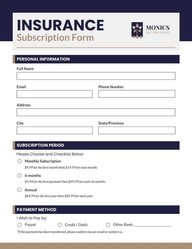 Simple Navy and Beige Subscription Form Template