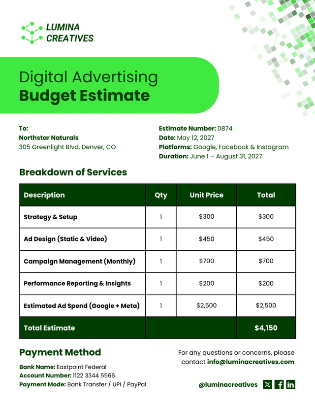 Digital Advertising Marketing Budget Estimate Template Digital Advertising Marketing Budget Estimate Template