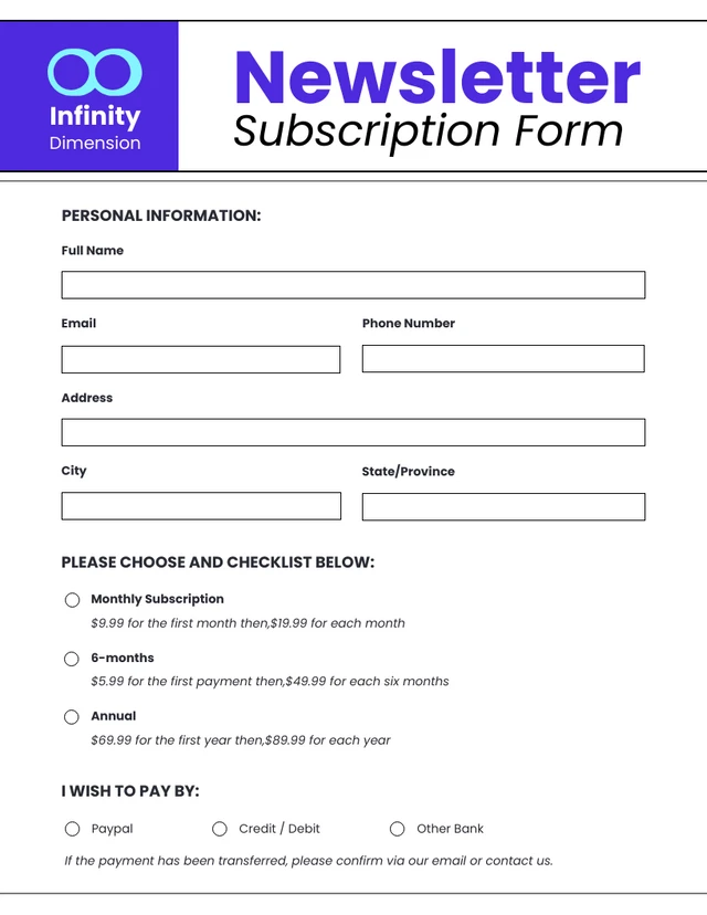 Clean Purple Cyan Newsletter Subscription Form Template