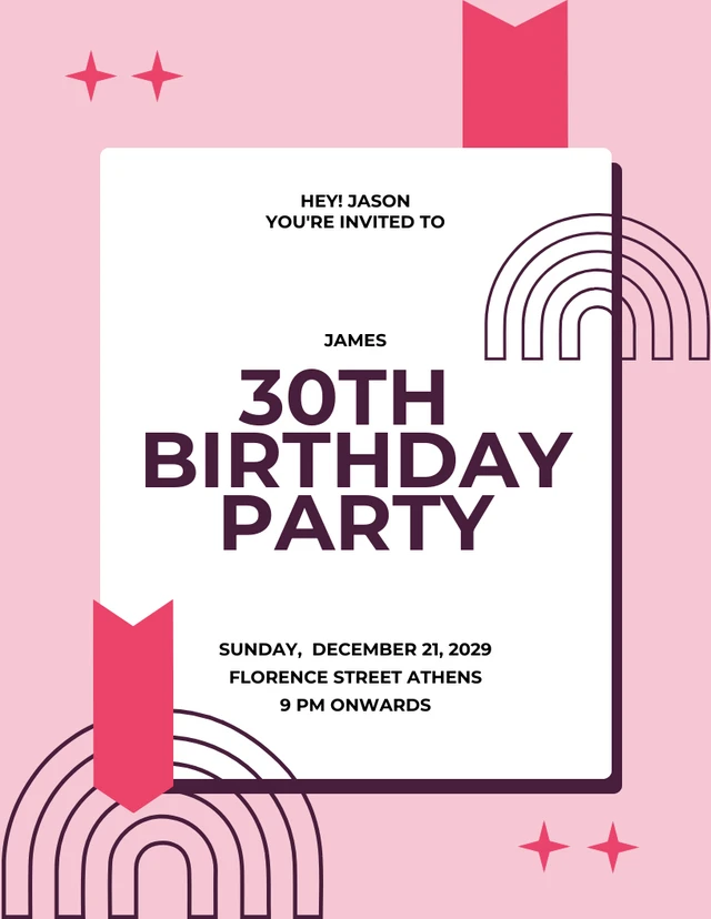 Rosa Einladungsvorlage zum 30. Geburtstag