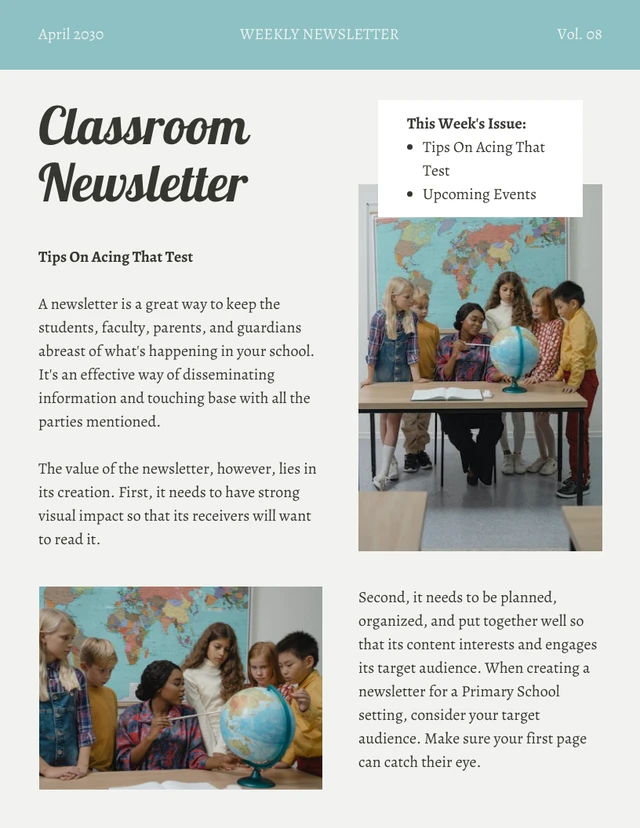 Bulletin d'information sur les salles de classe modernes gris clair et vert clair