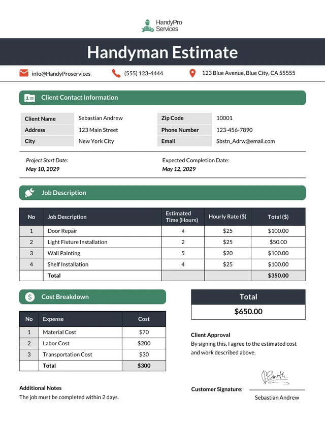 Vorlage für Kostenvoranschlag für Handwerker