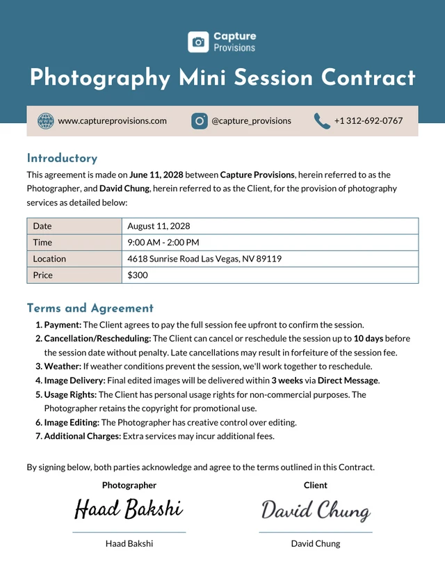 Plantilla de contrato para minisesión de fotografía