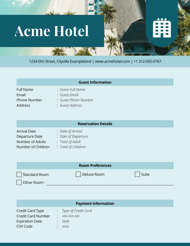 Modèle de formulaire de réservation d'hôtel minimaliste vert
