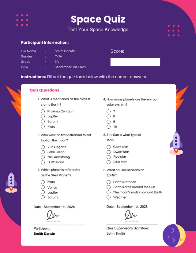 Purple and Pink Modern Space Quiz Form Template
