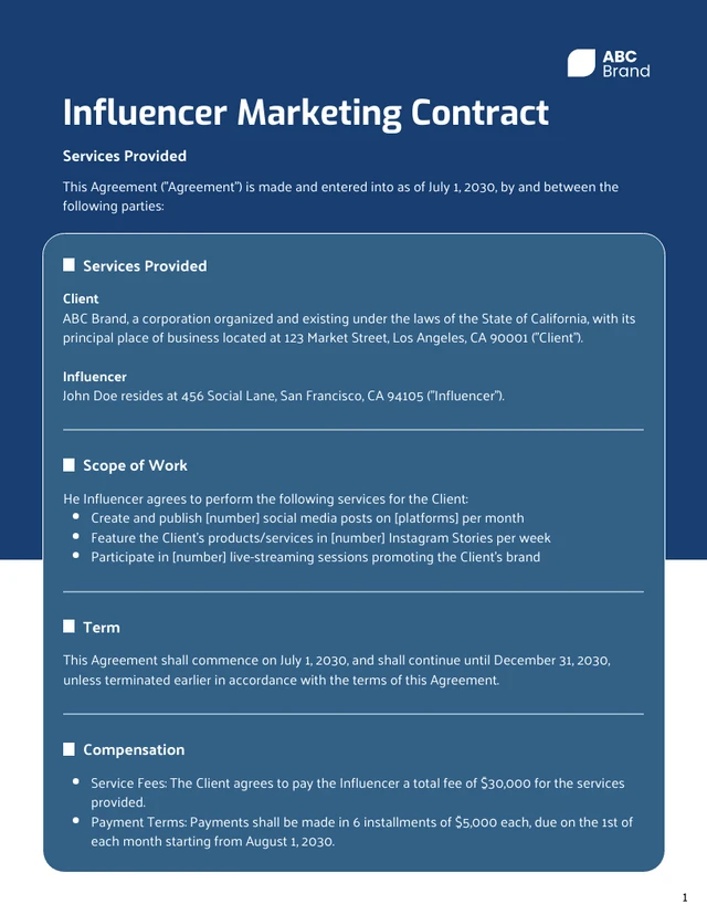 Influencer Marketing Contract Template - page 1