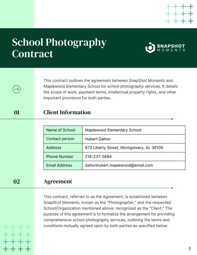 School Photography Contract - page 1