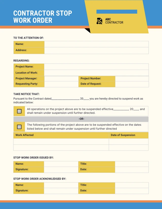 Simple Blue, Orange and Yellow Contractor Stop Work Order Forms Template