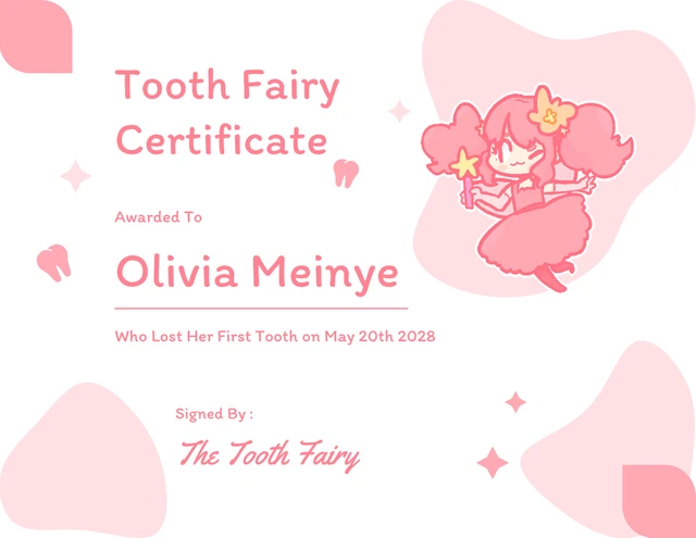 White And Pink Cute Playful Tooth Fairy Certificate Template