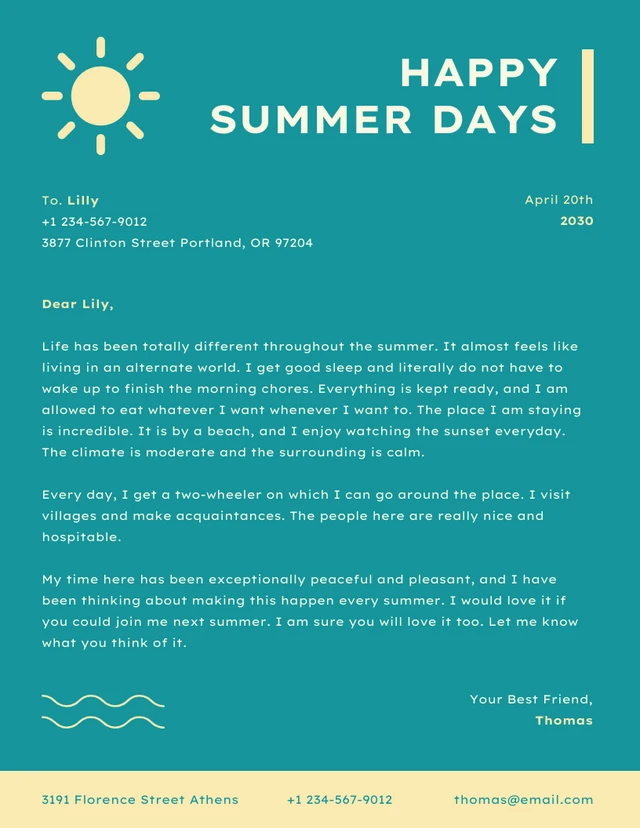 Teal Green And Light Yellow Simple Illustration Business Happy Summer Days Letterhead
