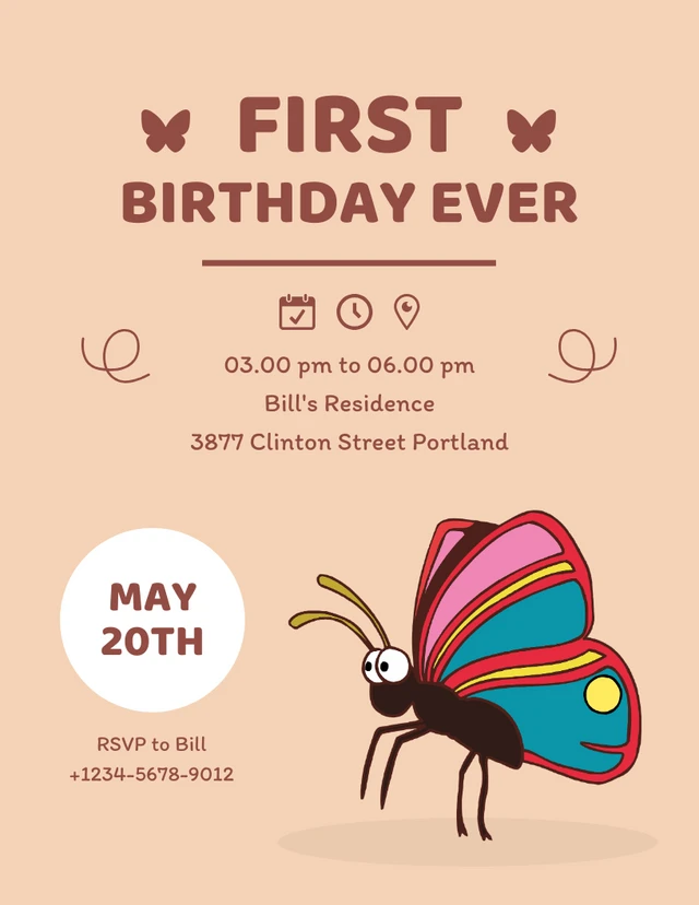 Light Brown Simple Illustration Butterfly Birthday Invitation Template