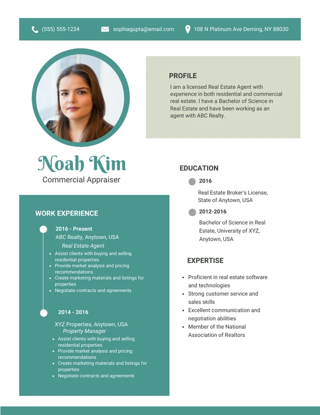 White And Teal Simple Professional Real Estate Resume Template