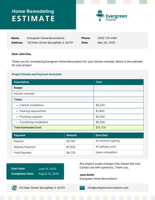 Home Remodeling Estimate Template