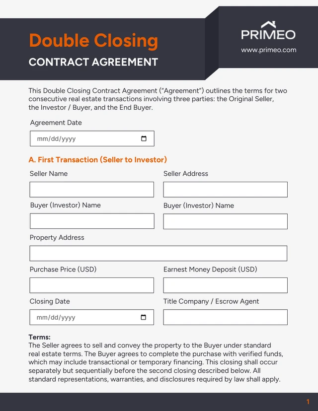 Double Closing Contract Template - Página 1