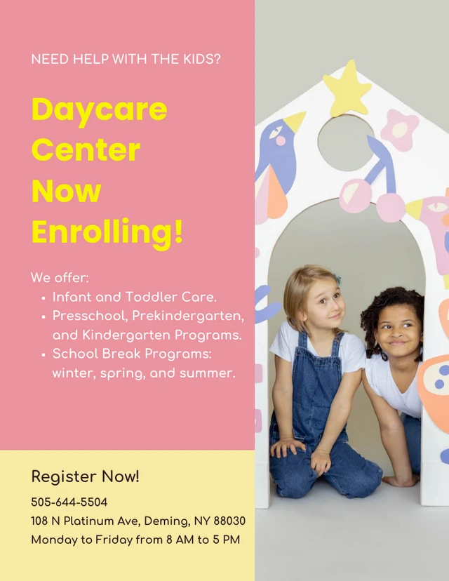 Pink And Yellow Simple Daycare Flyer Template