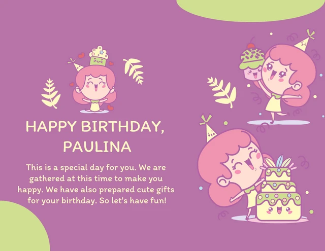 Purple And Green Playful Cheerful Illustration Girls Celebrate Birthday Presentation - page 2
