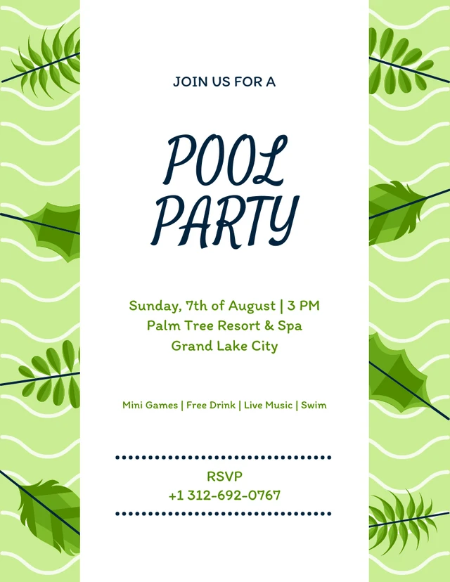 Green And Leaf Illustrative Pool Party Template