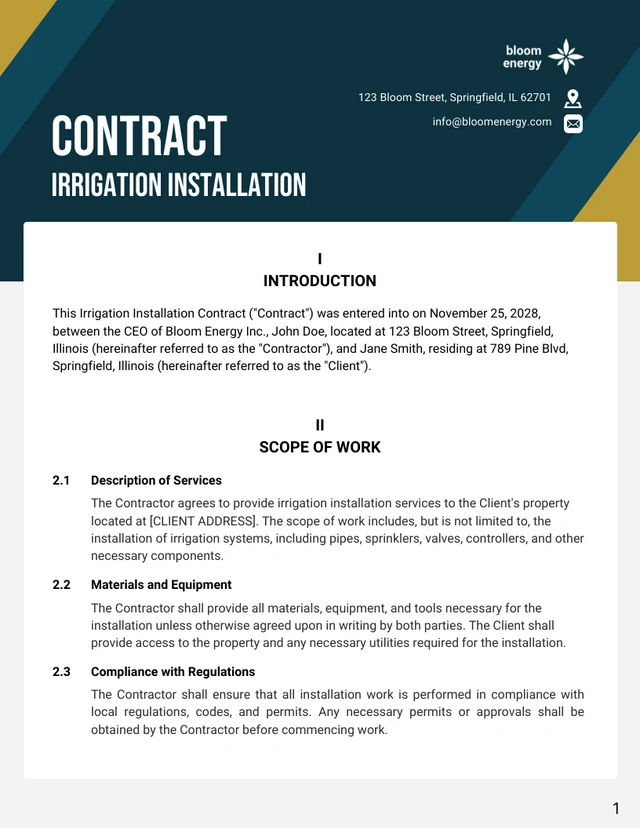 Irrigation Installation Contract Template - Page 1