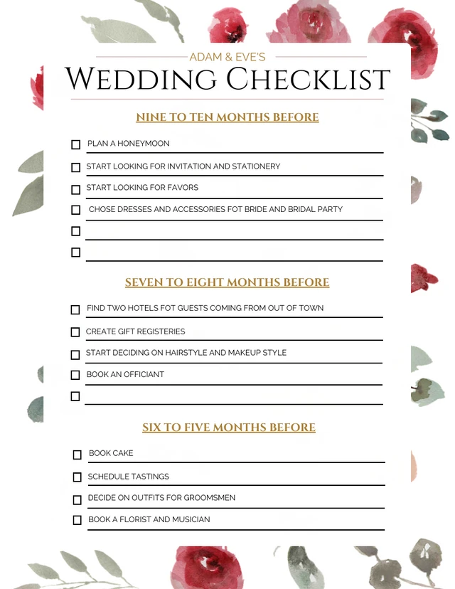 Lista de control floral para la boda meses antes