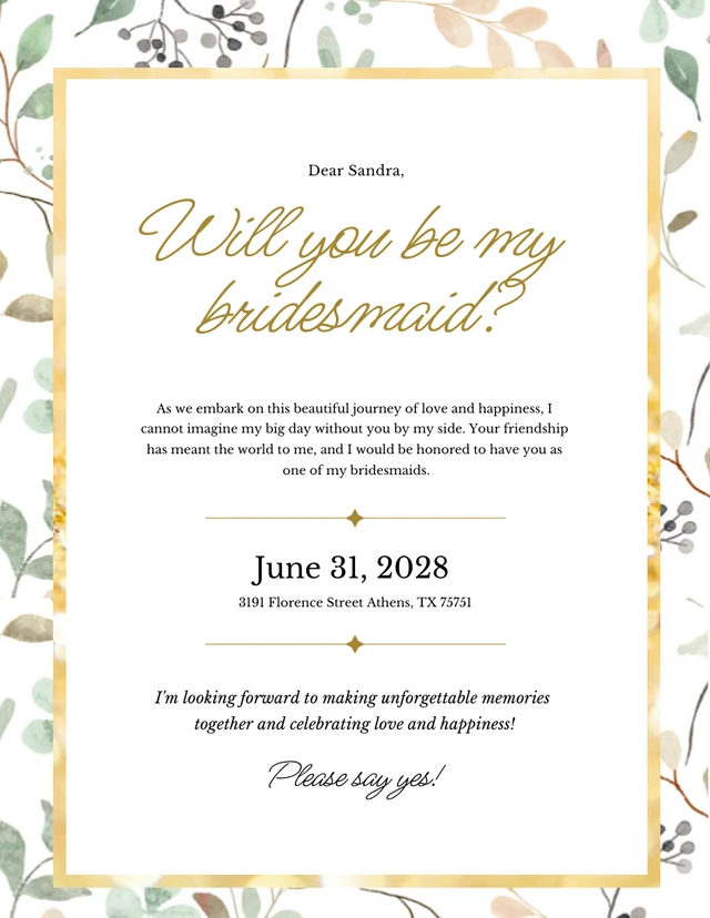 White Gold Floral Bridesmaid Invitation Template