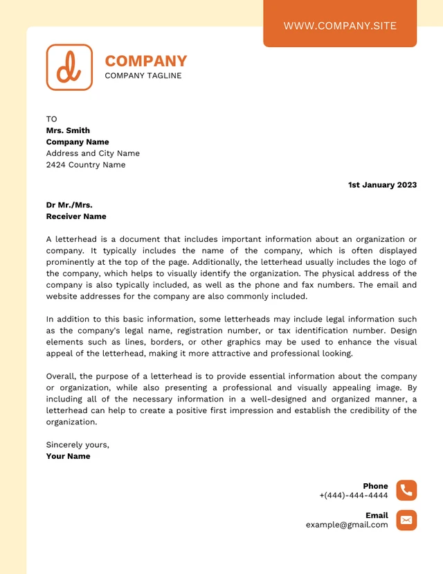 Light Yellow And Orange Simple Professional Graphic Design Letterhead Template