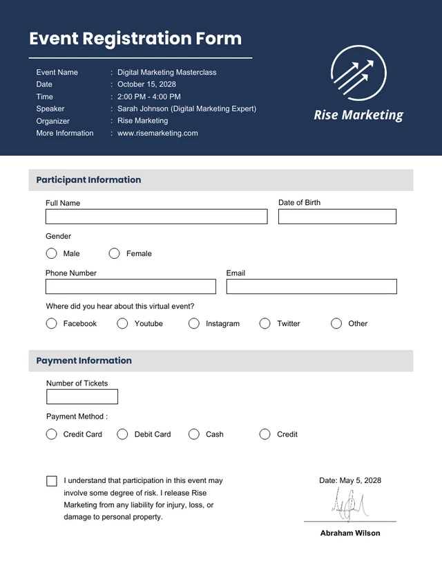 Navy Minimalist Event Registration Forms Template