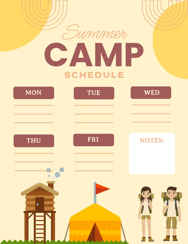 Light Yellow Modern Cute Illustration Summer Camp Schedule Template